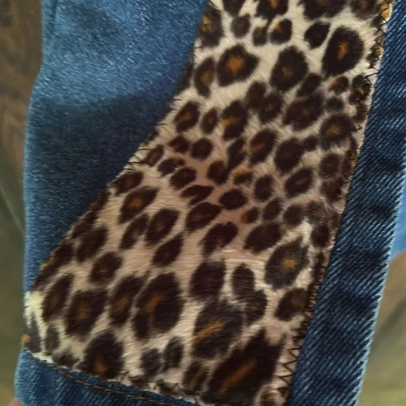 VTG 80s Denim & Leopard Print Maxi Skirt Double Slits Rockabilly Punk Sz Small - Picture 4 of 8